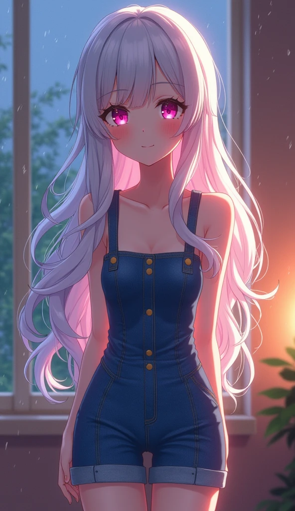 photorealistic,Realistic illustration in Modelshoot style,((masterpiece)),((The best quality)),((Ultra Quality)),((ultra detailed)),((1girl long white hair)),((Only)),((waifu:1.5)),Perfect anatomy,perfect hands,beautiful cuerpo,beautiful_method,ulzzang-6500-v1,e-chica,((Exceptionally Beauty Waifu Princess)), blonde wavy hair, gradient hair, pink highlights in hair, big breasts, standing, makeup, glossy lips, full lips, (natural lighting), in room, night, cute denim short jumpsuit, shy smile, belly, collarbone, in love, cute gesture,((bright-pink_eyes)),long wavy hair, ((white hair)),hair clips,eyeliner,cute makeup,lipstick,Glossy lipstick,with a look of terror, worry and sadness,((eyes detallados perfectos)),rainy with fog outside,evening,pink theme,bioluminiscencia,light particles,((Extremely CG Unity 8K Wallpaper)),((cinematic lighting,Best quality lights)),intricate details,Suave,sharp focus,Extremely beautiful and aesthetic,Octane rendering,Full length portrait,damp skin,((Perfect detailed body)),