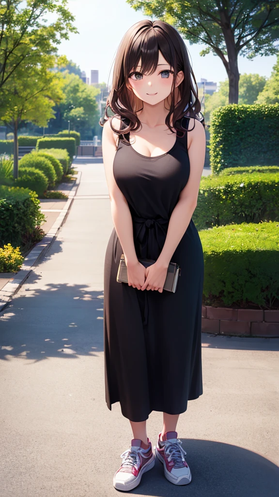masterpiece, best quality, high detail, beautiful woman, wavy hair, dark brown hair, pink tank top, long black skirt, sneakers, looking at viewer, wide eyed, garden, park, sidewalk, tree, smile,