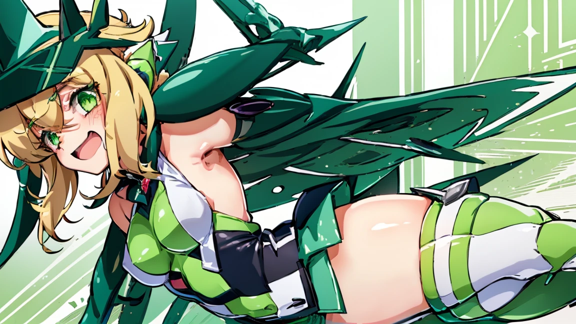 1girl, Blond hair, green eyes, short hair, x hair ornament, medium breasts, green leotard with white stripes, symphogear undersuit, symphogear pendant, green shoulder armor, green skirt, hanging on Maschine, cables in body, pain face, perfect quality, Masterpiece, high quality, good quality 