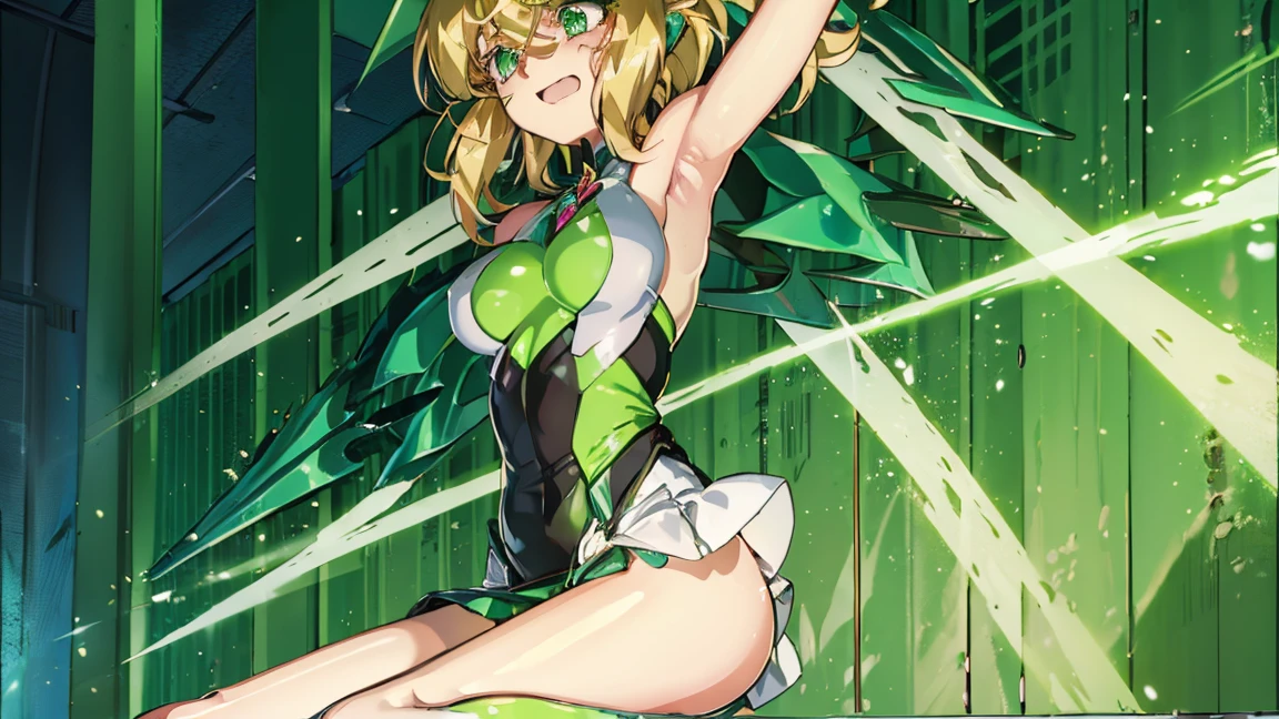 1girl, Blond hair, green eyes, short hair, x hair ornament, medium breasts, green leotard with white stripes, symphogear undersuit, symphogear pendant, green shoulder armor, green skirt, hanging on Maschine, cables in body, pain face, perfect quality, Masterpiece, high quality, good quality 