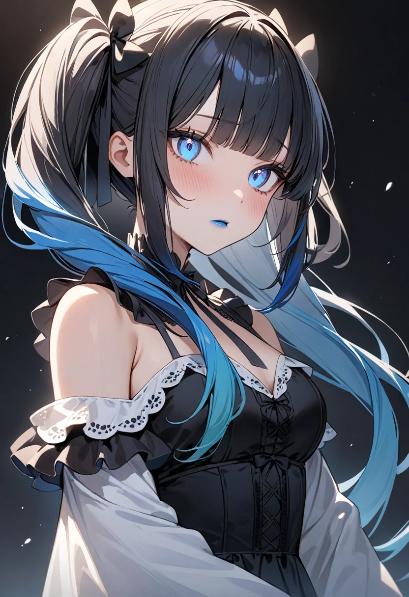 (masterpiece, top quality, very aesthetic, 4k、illustration), intricate detail, 1woman,solo,contrapposto 、from side、(gradient eyes、tareme)、Strong glowing eyes、blunt bangs,Fair skin,(upper body)、cold face、twintails、Cold Stare、(Blue lipstick),beautiful face、Blushing,(gradient hair)、multicolored hair,middle hair,sidelock ,blue eyes、Shoulderless gothic lolita dress、medium breasts、slender 、