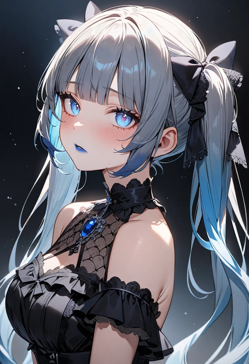 (masterpiece, top quality, very aesthetic, 4k、illustration), intricate detail, 1woman,solo,contrapposto 、from side、(gradient eyes、tareme)、Strong glowing eyes、blunt bangs,Fair skin,(upper body)、cold face、twintails、Cold Stare、(Blue lipstick),beautiful face、Blushing,(gradient hair)、multicolored hair,middle hair,sidelock ,blue eyes、Shoulderless gothic ta dress、medium breasts、slender 、