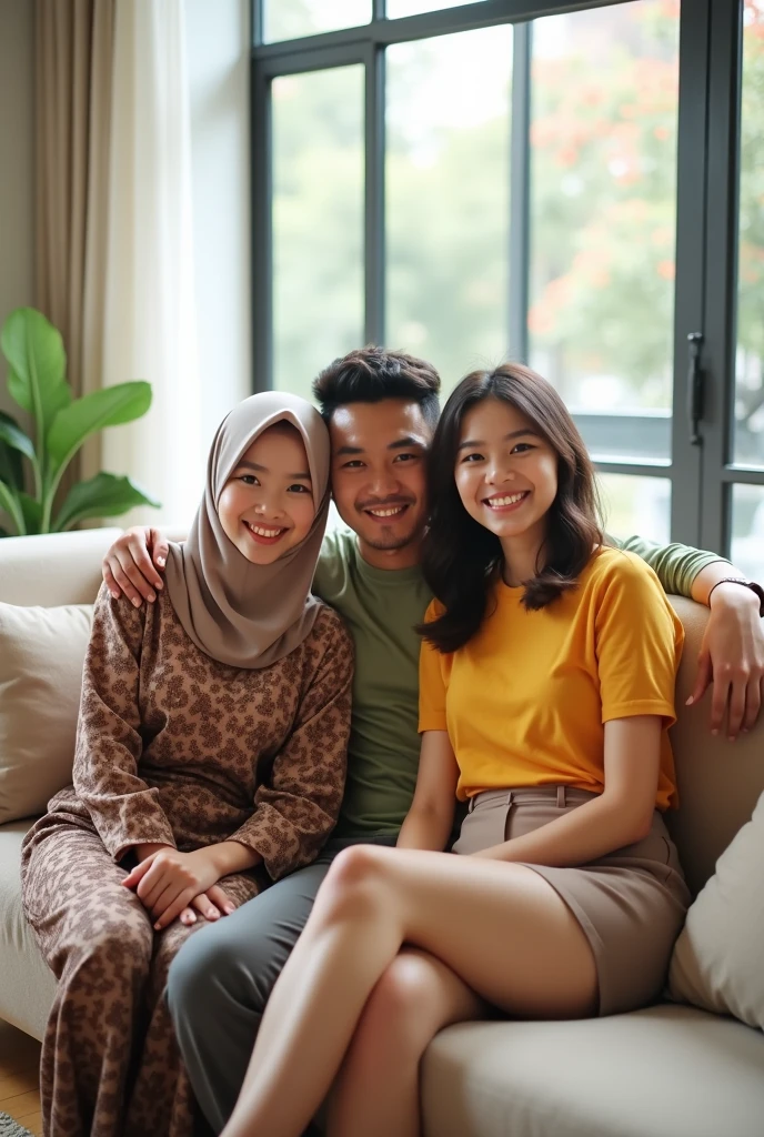 (photorealism:1.2), 2 beautiful Malay girls are sitting on a long sofa, smile, one is wearing baju kebaya with hijab another one is wearing yellow tight t shirt with short skirt, big breast, sexy legs, very big buttock, in a cozy and bright room, both are looking at audience. One Malay young man is sitting between the girls and hugging them.
