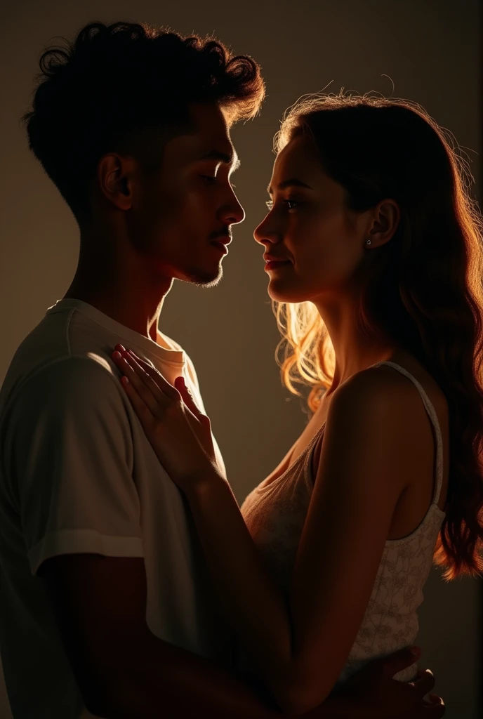 Couple pics and background being dark and boy being brown and girl being aomewhat white