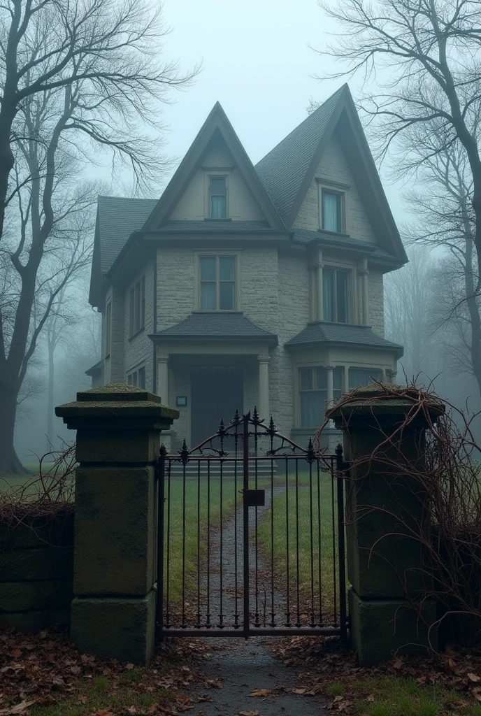 Imagine a dilapidated mansion standing alone in the middle of a foggy, desolate forest. The house, once grand, is now a crumbling shell of its former self. Its windows are shattered and dark, with tattered curtains fluttering in the eerie wind. The front yard is overgrown with twisted, dead trees and thorny vines that seem to reach out like skeletal fingers. A rusted iron gate hangs off its hinges, creaking with every gust of wind.