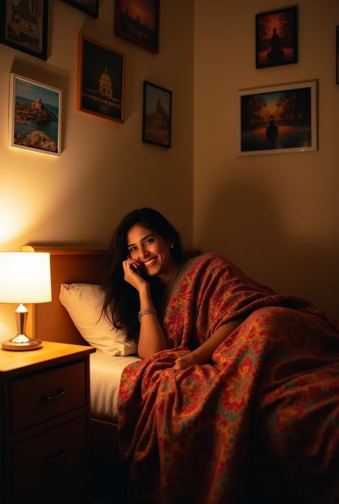 Indian girl ,28 years female, college girl, talking on mobile, happily talking with boyfriend on a call,lying on bed, with blanket, night lamp,