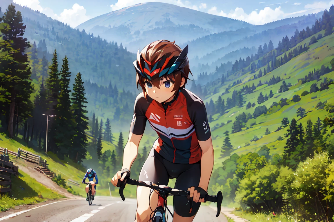 ride a bicycle, One Man, (Keiichi_maebara), Brown Hair, blue eyes, ((aero cycling helmets)), Cycle pro team wear, Mountain trail, Road race, lush scenic landscape, 