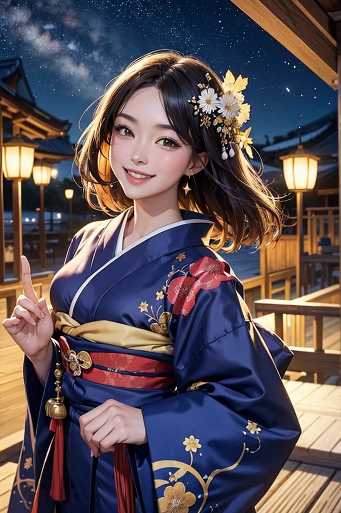 A beautiful woman in a kimono is enjoying the starry night of the full moon, looking at us with a smile.