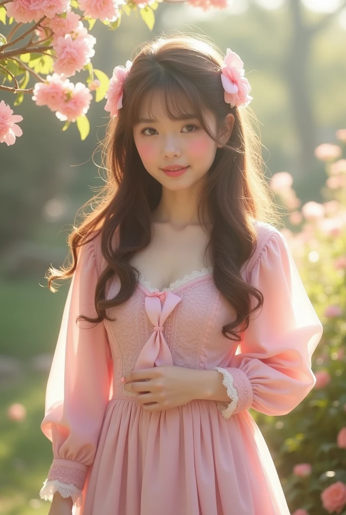 cute little frock with long y sleeves and sweetheart neckline with a bow on the middle and my hair was open with a cute little bow on it my lips and cheeks softly tinted I looked like a doll