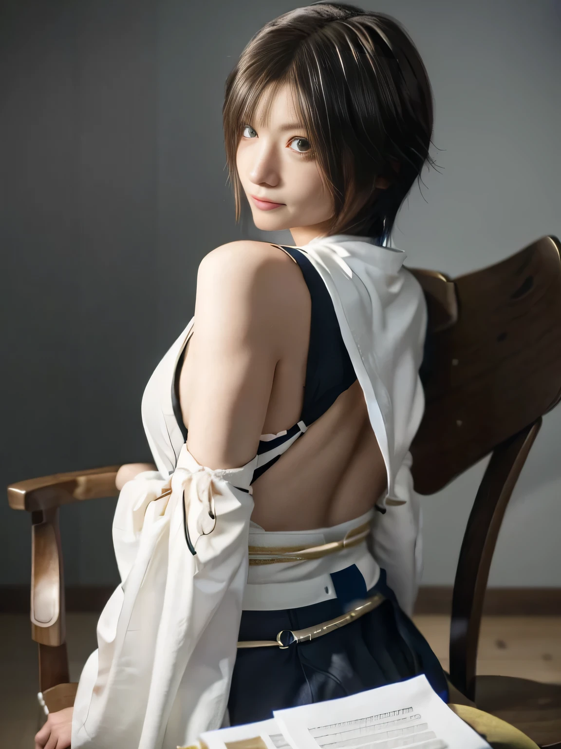 20 year old Japanese beauty,One person、Muscular body like a bodybuilder、Emphasize the breasts、Slit eyes、A head-to-toe view,Bust is very very large、The background is a medieval European kitchen、High quality photos、Clear, crisp images of the lower body、Masterpiece 8k、Smiling、Sitting in a chair、Reading、From the front, from the side, from the back, etc.々from what camera angle to shoot、FF10 Yuna's outfit、