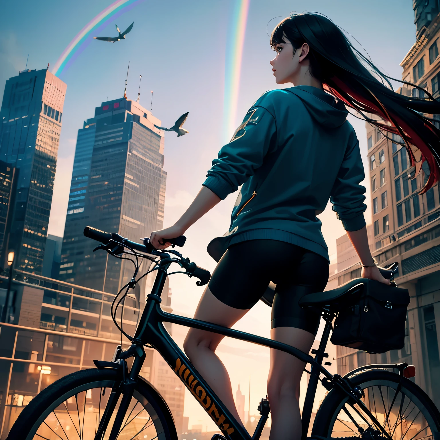 (best quality,8k,highres, masterpiece:1.2), ultra-detailed, HDR, UHD, studio lighting, ultra-fine painting, sharp focus, physically-based rendering, extreme detail description, professional, vivid colors, bokeh, portraits, concept artists, warm color palette, dramatic lighting,Idyllic landscape, with a large rainbow arch in the sky, humans riding bicycles on the rainbow, birds flying around,