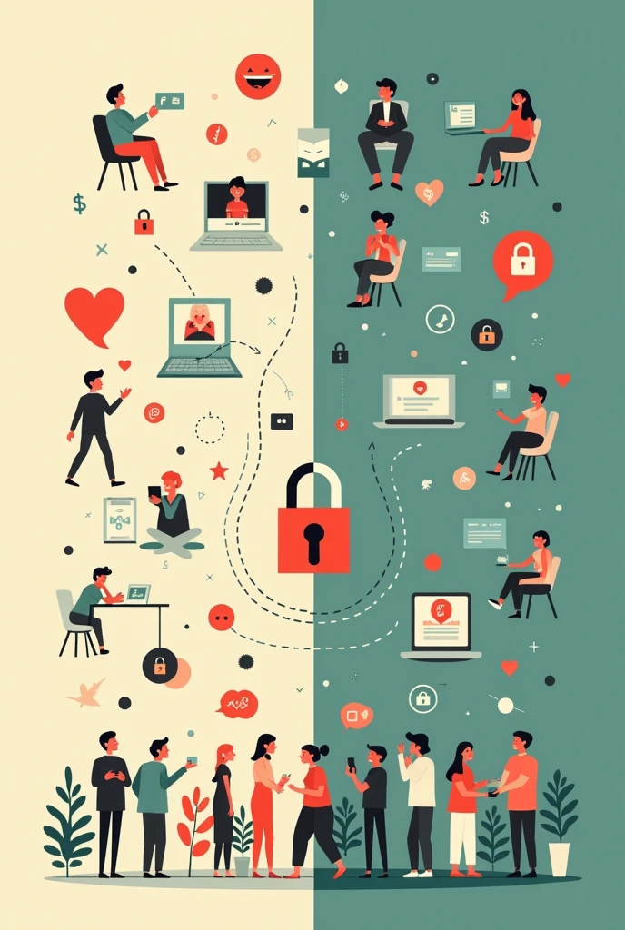 Poster about respecting privacy on social media,no words no letters,cartoons many aspects on privacy on social media make it minimalist and serious make it more understandable and more serious poster more people has a negative on the side and positive on the other side make it more engaging and make it retro stay it just like that but make it clear about the negative and positive side more clear the other side the padlock is unlocked while the other side is not 