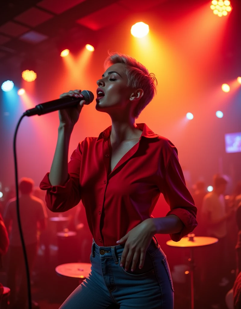 Beautiful woman short hair wearing red shirt and jeans, singing on the stage, red and yellow spotlight, karaoke atmosphere