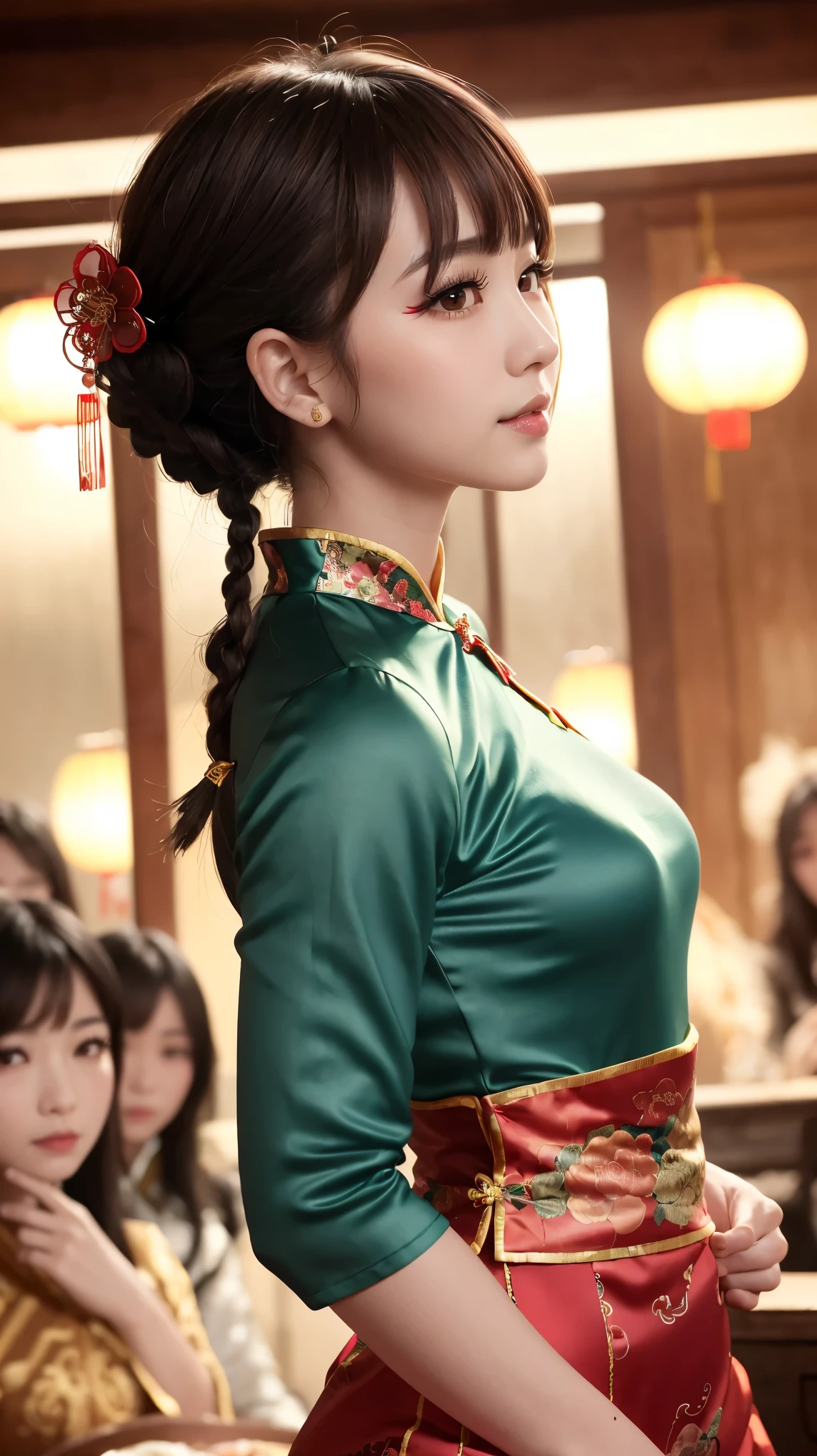 Realistic, masterpiece, Highest quality, Highest Resolution, Anatomically correct, Accurate Anatomy, 7 heads, Height: 165cm, One Japanese woman, profile, Staring at the audience, Smiling with an open mouth, Staring at the audience, Fine and beautiful eyes, Sparkling eyes, Thin eyebrows, Gives lashes a delicate finish, False eyelashes, (Chinese traditional makeup:1.2), (Dumpling+Braided hair, Blunt bangs, Brown Hair:1.2), Detailed face, Sharp Eyes, (Traditional Chinese Dress, Clothes that fit snugly to the body, Random Color:1.3), Upper body photo, Background like ink painting