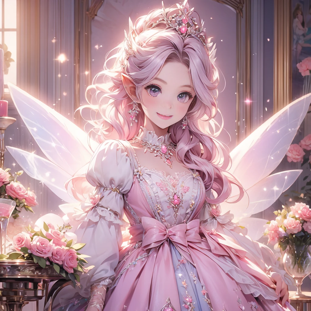 masterpiece,highest quality, very detailed, beautiful, exquisite, 16k, Full HD, confused,white background,((Upper body,half body photo)),((smile,Happy:1.5)),((Sparkling fluffy layered ball gown)), (Grasp the hem of your dress and bow slightly..),lots of flowers,((Surrounded by roses)),ruffles and rhinestones, ( table top, art station, fantasy art:1.2), Standing with an elegant smile,pastel colour,((giant white fairy wings))、white skin,gradient hair, pink hair, hair blowing in the wind, wavy hair,fluffy hair,tiara,lavender eyes, long eyelashes, beautiful eyes、pale pink cheeks,pointy ears, bright eyes,dazzling light, warm lighting,