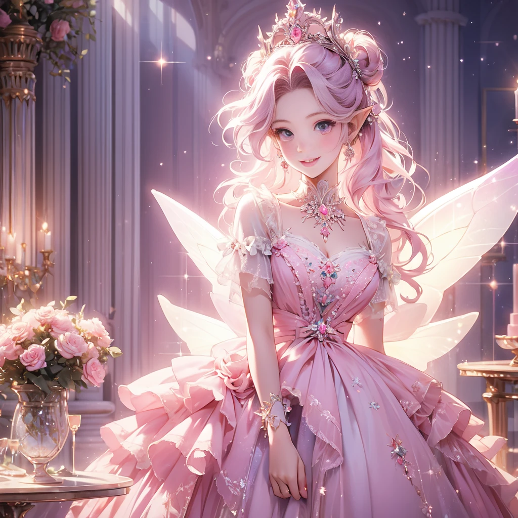 masterpiece,highest quality, very detailed, beautiful, exquisite, 16k, Full HD, confused,white background,((Upper body,half body photo)),((smile,Happy:1.5)),((Sparkling fluffy layered ball gown)), (Grasp the hem of your dress and bow slightly..),lots of flowers,((Surrounded by roses)),ruffles and rhinestones, ( table top, art station, fantasy art:1.2), Standing with an elegant smile,pastel colour,((giant white fairy wings))、white skin,gradient hair, pink hair, hair blowing in the wind, wavy hair,fluffy hair,tiara,lavender eyes, long eyelashes, beautiful eyes、pale pink cheeks,pointy ears, bright eyes,dazzling light, warm lighting,