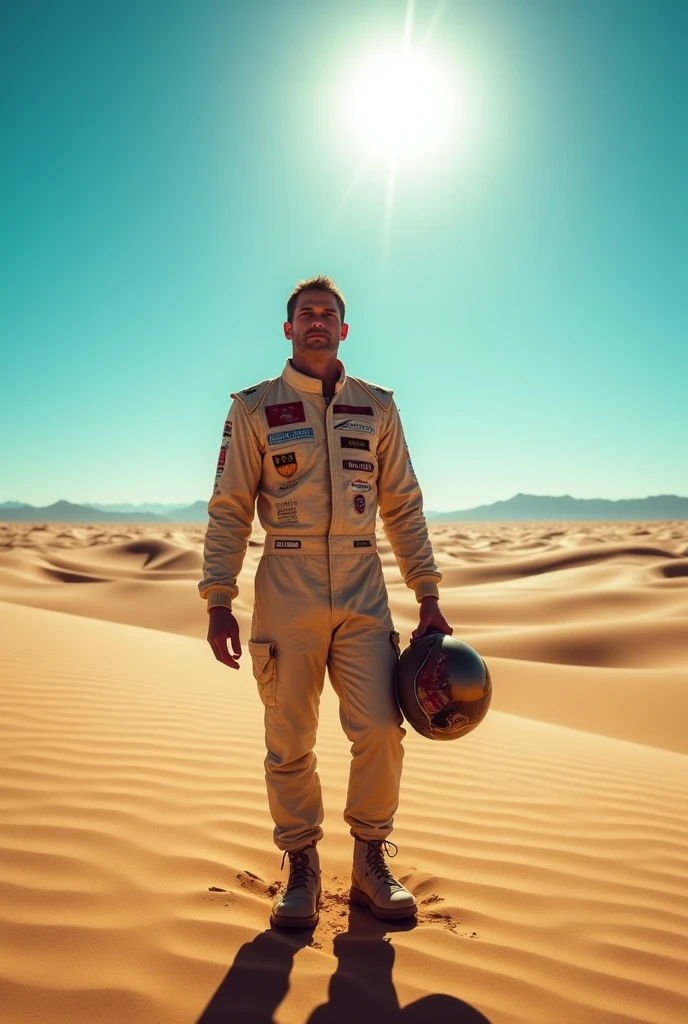Unfortunatly that car racer go wrong road and he alone desert without car
