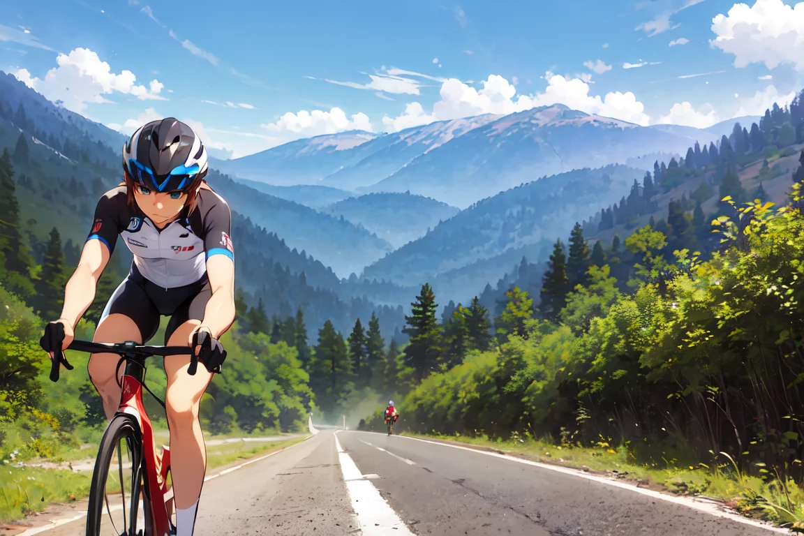 ride a bicycle, One Man, (Keiichi_maebara), Brown Hair, blue eyes, ((aero cycling helmets)), Cycle pro team wear, Mountain trail, Road race, lush scenic landscape, 