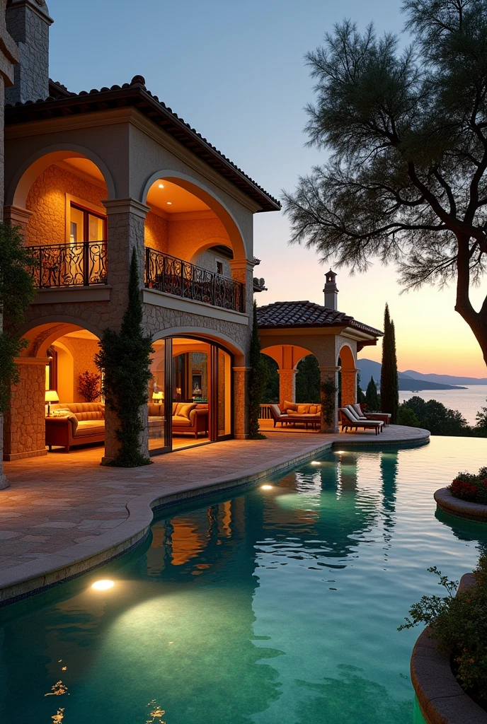 Create a beautiful villa with a pool, also overlooking a lake in Italian style. The villa should have a stone look and be already illuminated, but very elegant and classic and luxurious And then in the house the living room with a beautiful couch outside overlooking the sea in the same style Then also here in this house, The bedroom should also be designed in the same way with a sliding door that can be opened to provide a view of the sea. sun set