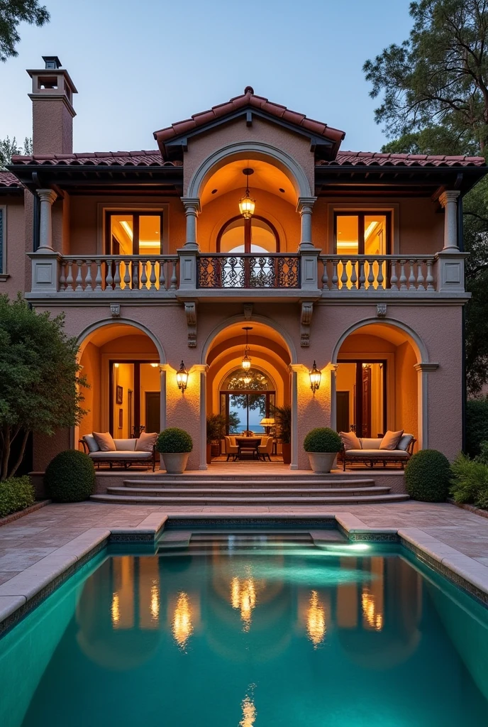 Create a beautiful villa with a pool, also overlooking a lake in Italian style. The villa should have a stone look and be already illuminated, but very elegant and classic and luxurious And then in the house the living room with a beautiful couch outside overlooking the sea in the same style Then also here in this house, The bedroom should also be designed in the same way with a sliding door that can be opened to provide a view of the sea. sun set