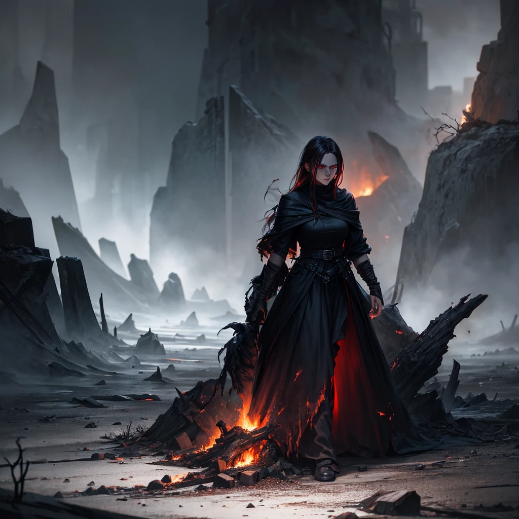 absurdres, highres, ultra detailed, photorealistic, realistic photography, colorful, 1girl, solo, Dsorceress, shadowy face, standing, dark cave, from below <lora:Dsorceress:1>