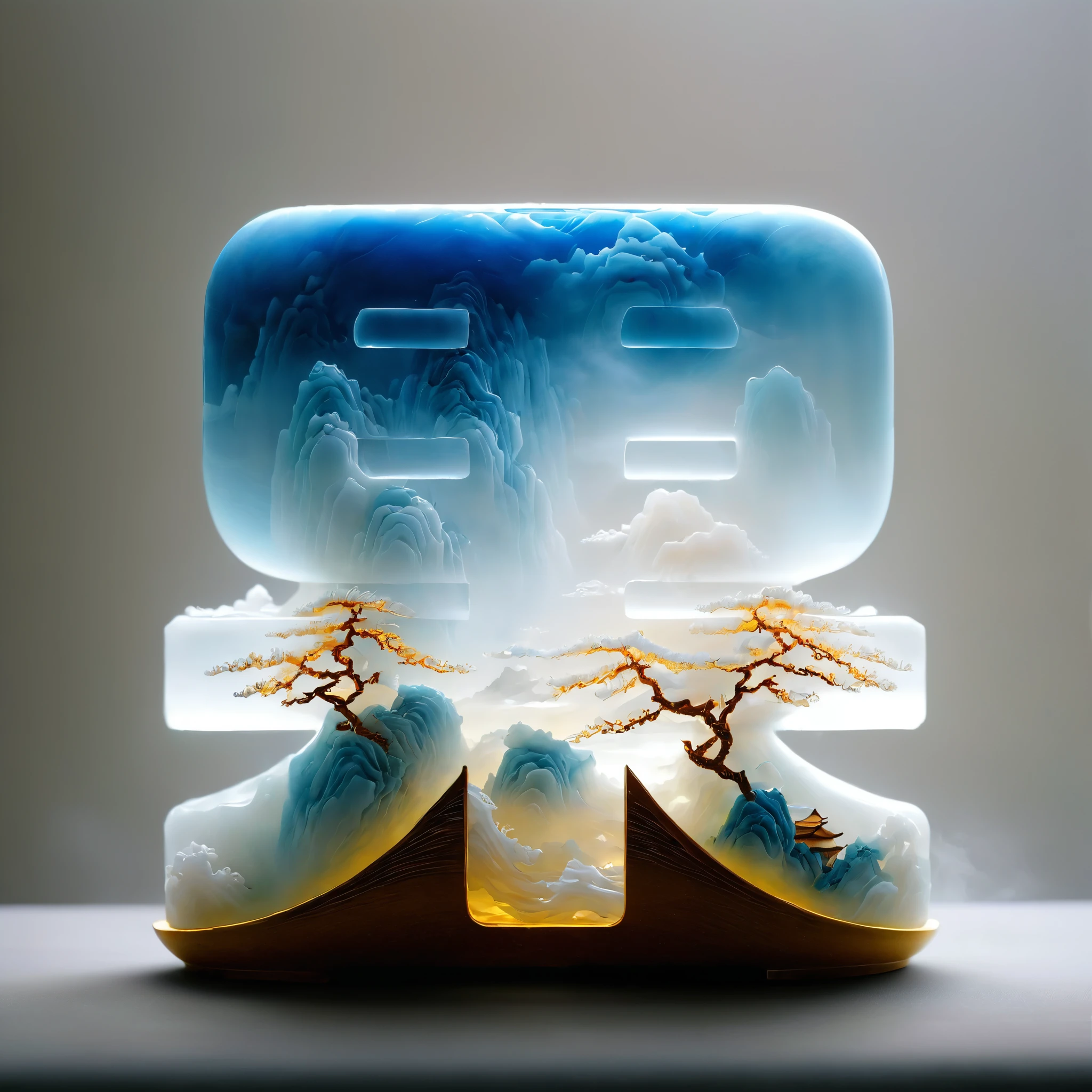 Micro landscape pattern carved on blue and white porcelain vase，Translucent glass material,Blue-white gradient,Traditional Chinese landscape painting,Abstract shapes,Minimalism,cave，3d。water vapor，White mist，Thick fog，