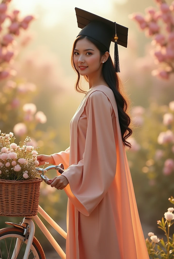 Consept art photography, fan art photography, a women, slim body, wearing hijab, wearing black graduation hat, Wearing pastel brown graduation gown, pastel brown theme background, bicycle background with flower basket, flower garden background, pastel brown flowery effect, pastel brown lighting effect, kawaii design background, bright results, perfect pose.