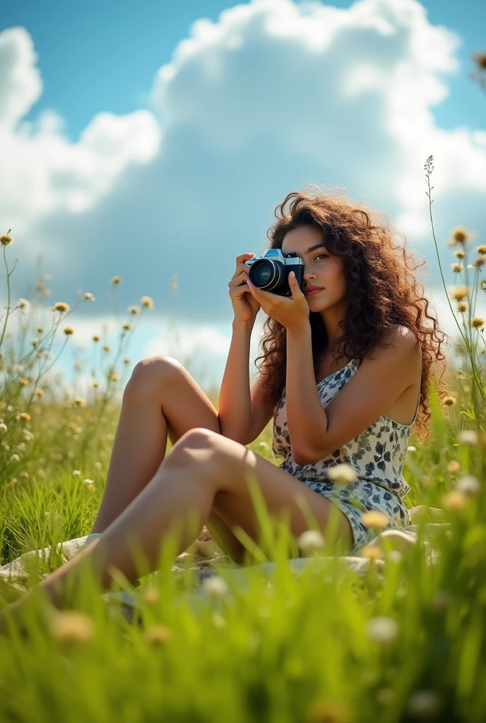 A brunette girl with curly hair and big breasts sits with her legs stretched out, taking a realistic photo
