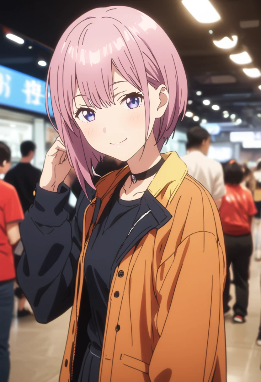 (Highest quality, 4K, 8k, High resolution, masterpiece:1.2), Very detailed, Picturesque, Anime style photo, Photo Anime:1.37)、Japanese、(Pink pixie cut)、smile、firefighter outfit、Black choker、whole body、ichika nakano