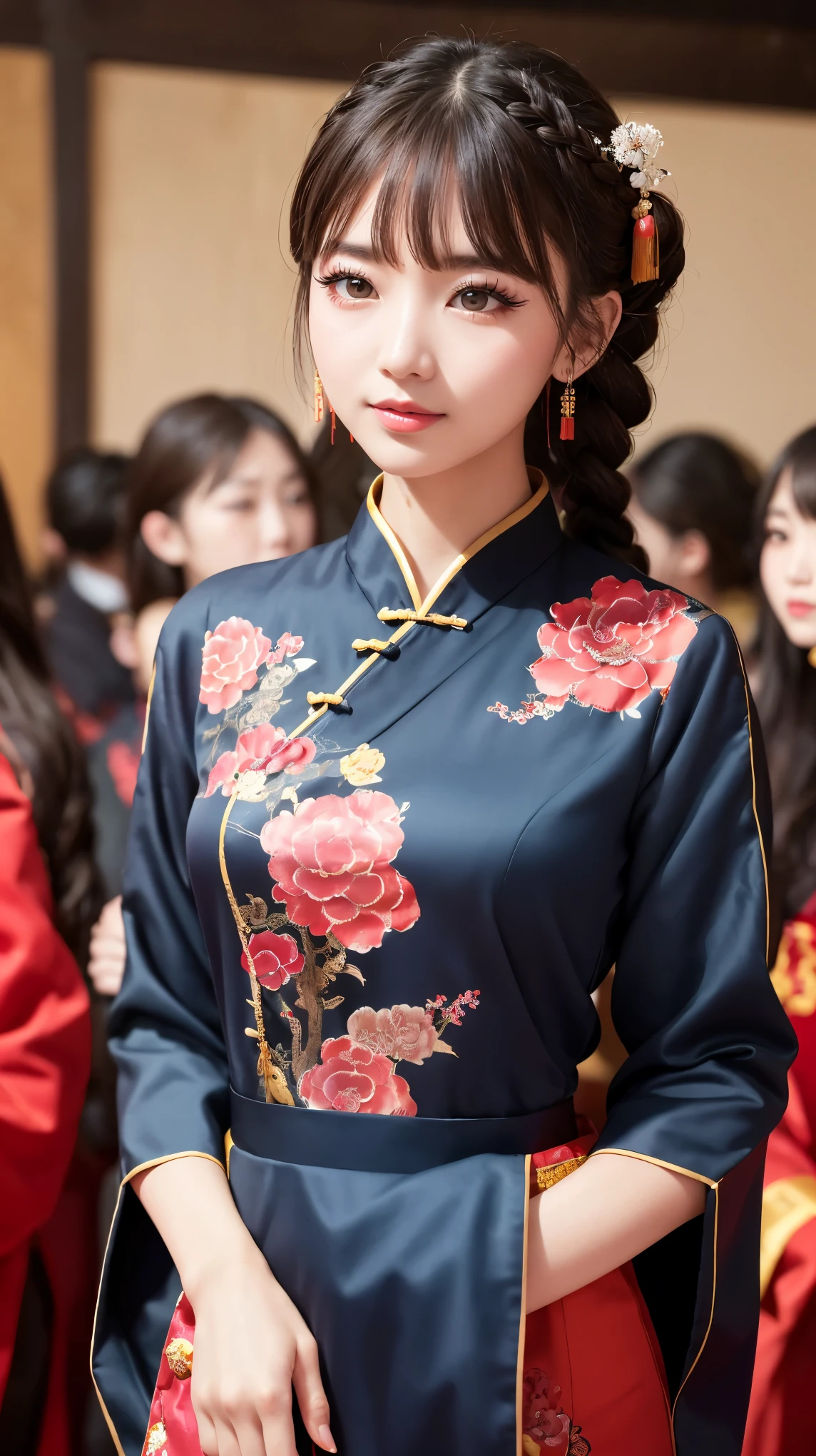Realistic, masterpiece, Highest quality, Highest Resolution, Anatomically correct, Accurate Anatomy, 7 heads, Height: 165cm, One Japanese woman, profile, Staring at the audience, Smiling with an open mouth, Staring at the audience, Fine and beautiful eyes, Sparkling eyes, Thin eyebrows, Gives lashes a delicate finish, False eyelashes, (Chinese traditional makeup:1.2), (Dumpling+Braided hair, Blunt bangs, Brown Hair:1.2), Detailed face, Sharp Eyes, (Traditional Chinese Dress, Clothes that fit snugly to the body, Random Color:1.3), Upper body photo, Background like ink painting