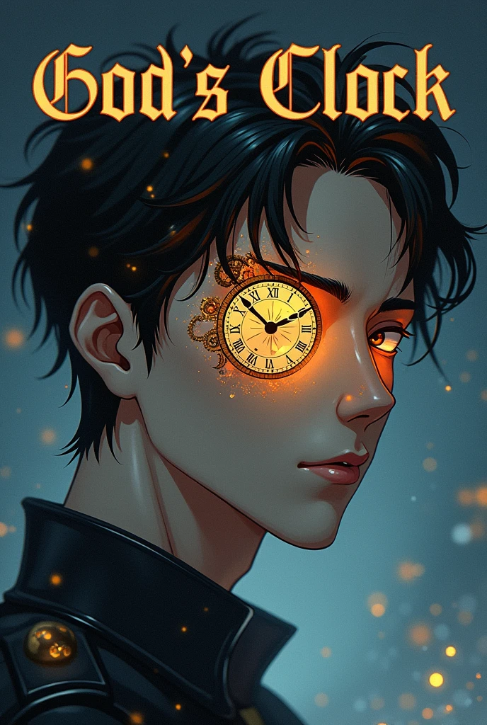 Novel, Webnovel Style, God's Clock, "God's Clock", God's Clock in text, A text saying "God's Clock", God's Clock, only left male eye is a clock, only the eye in tge image,  MALE