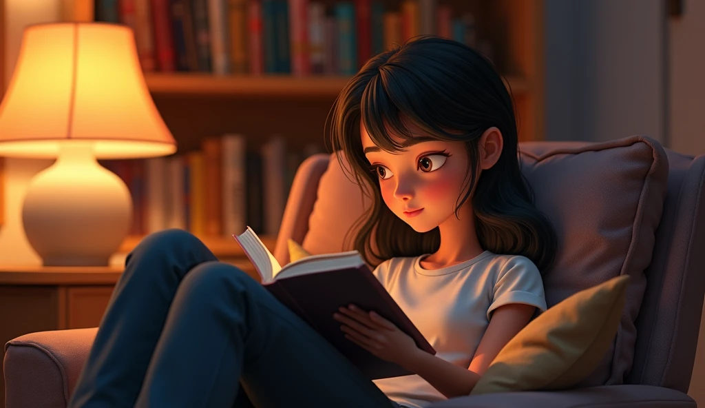 An 22 year old girl sitting in living room and reading book at night animated ,3d render wearing trouser and shirt