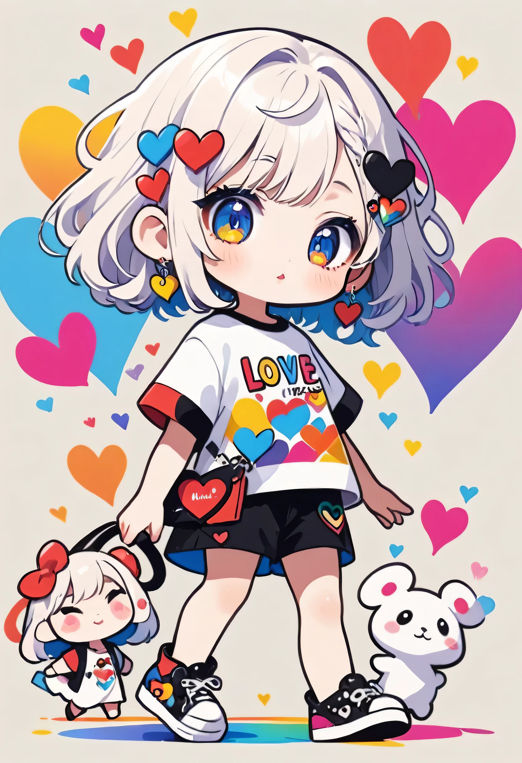 Ultra-realism Micho colorful style, Simple Line Initialism,Abstract art,(((The most beautiful girl of all time))), Chibi, Sweet face. Lips in love, colorful hearts, stylish design, 夏のオシャレなTシャツ, 黒い瞳, walking, Paris