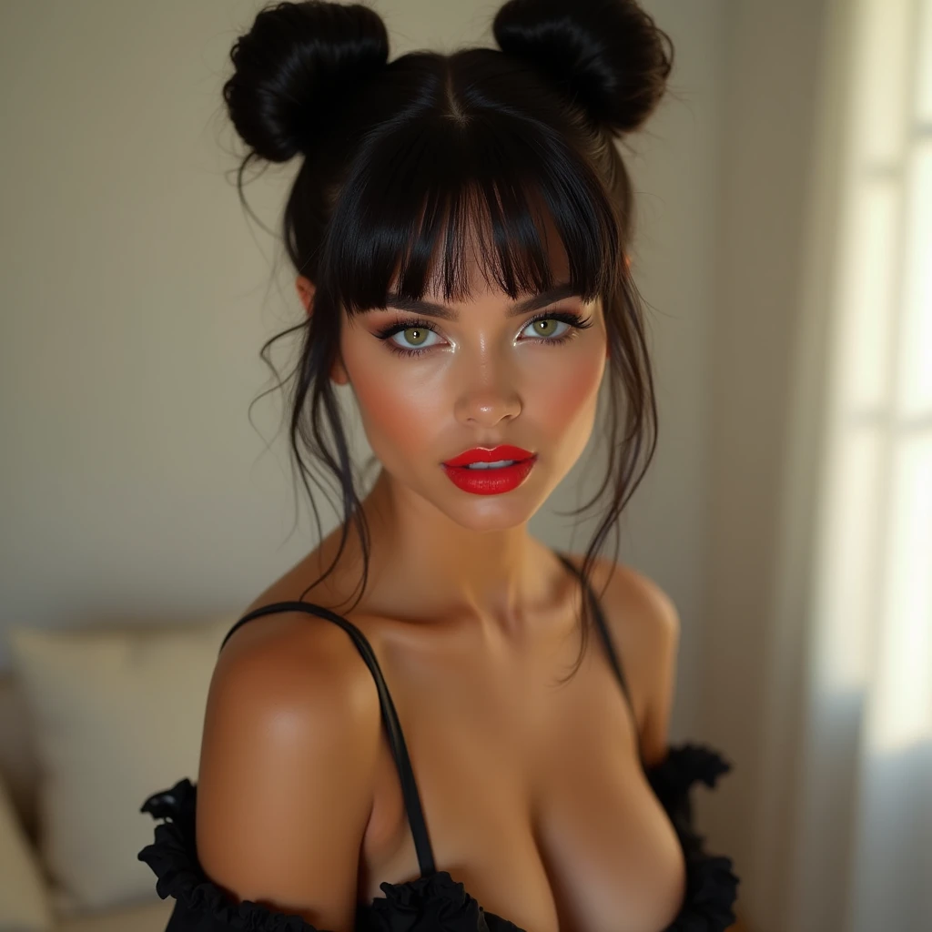 21 year old IG model, latina, green eyes , influencer, perfect body posing in sexy clothes,in a minimalist room the most beautiful face of a woman, black hair, two buns and straight bangs,bright pupils, naughty face, red lips, hyperrealism, depth of field, UHD, masterpiece, high details, highres boudoir photography