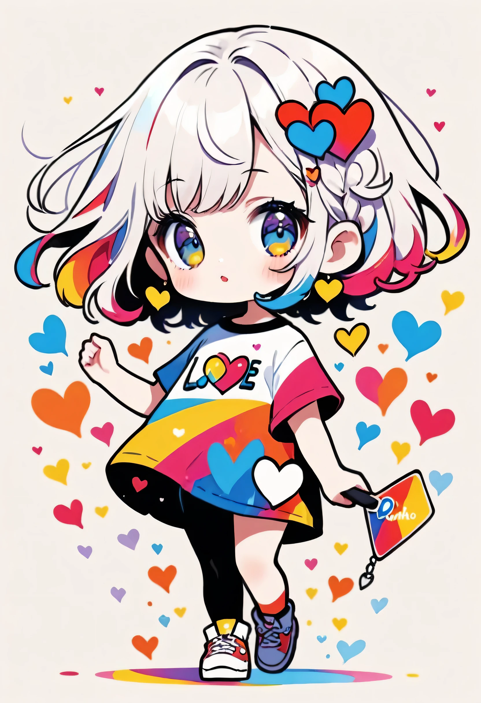 Ultra-realism Micho colorful style, Simple Line Initialism,Abstract art,(((The most beautiful girl of all time))), Chibi, Sweet face. Lips in love, colorful hearts, stylish design, 夏のオシャレなTシャツ, 黒い瞳, walking, Paris