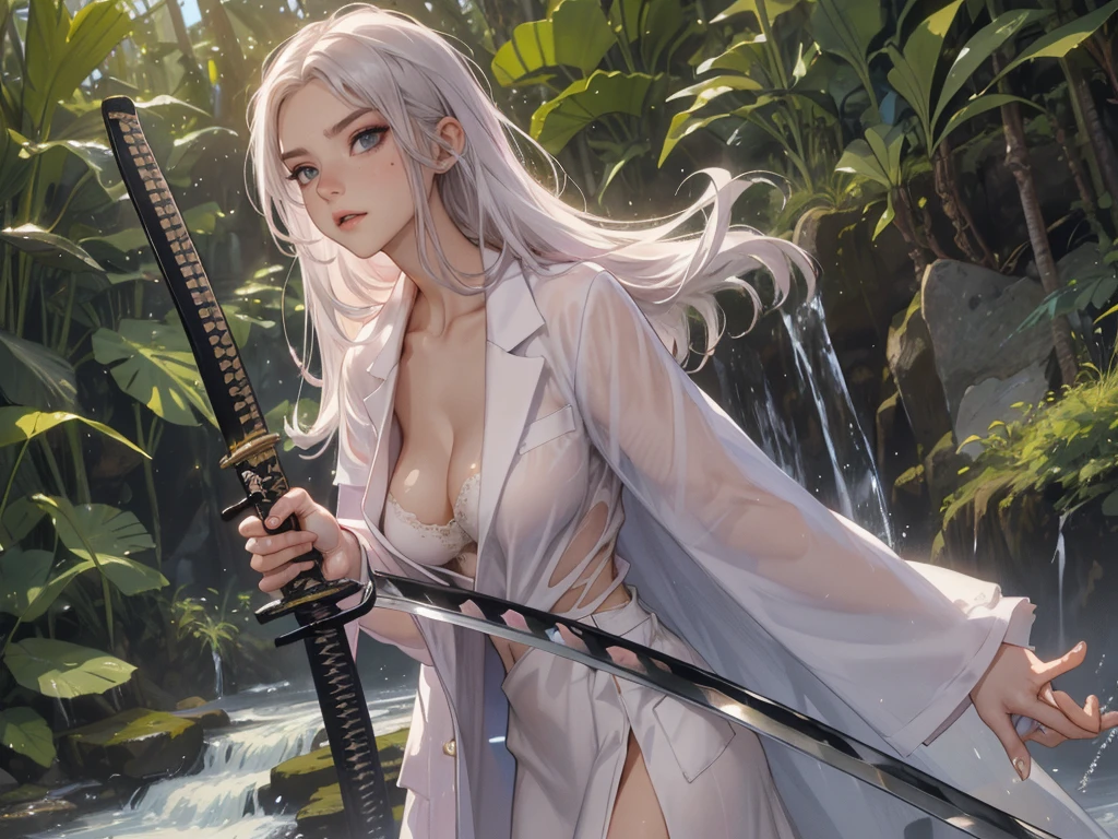 (lifelike, high - resolution:1.3), 1 girl with a perfect body,slender body, Super fine face and eyes,assasin, dark makeup, shiny skin,white hair,((torn and ripped jungle clothes underneath lab coat), Expose cleavage, extravagant makeup, pink eyeshadow, dark makeup shocked expression, shiny skin, action pose, extravagant makeup, leopard print, lab coat, savage lands, feral lands, (waterfall, soaked), grey blue eyes, (disheveled hair), (((wielding katana)))