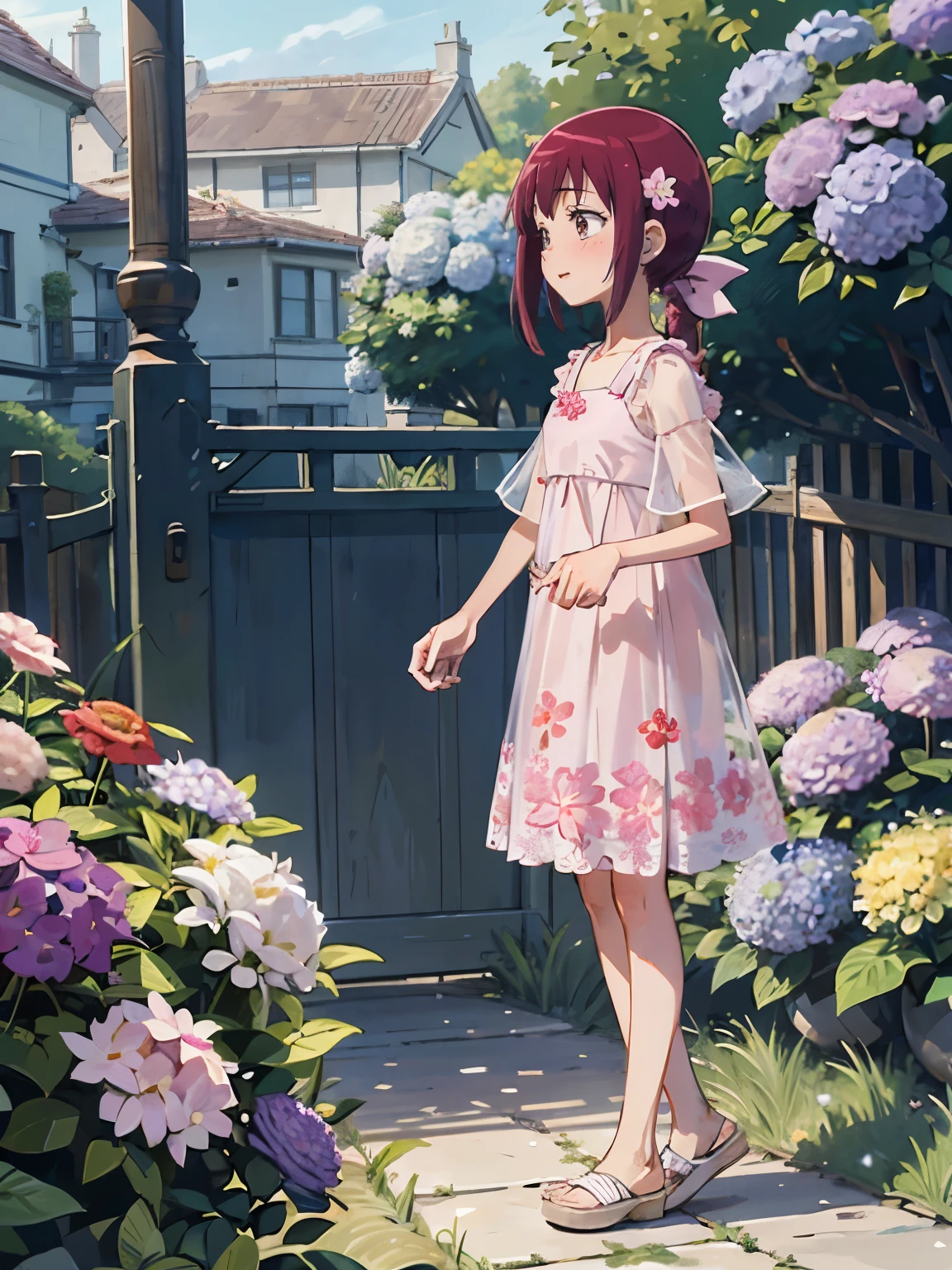 ，Realistic Skin, Ecstasy, Very short stature，Very thin thighs，13 years old，Small child:1.3，((Fully transparent:1.3) Floral Casual Dresses)，Cute Underwear，outside，Midsummer Garden，Hydrangea flowers，