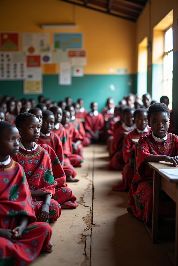 A picture showing poor African students in maasai shuka sitting on the floor in a large classroom in Kenya while students in uniform sitting on desks