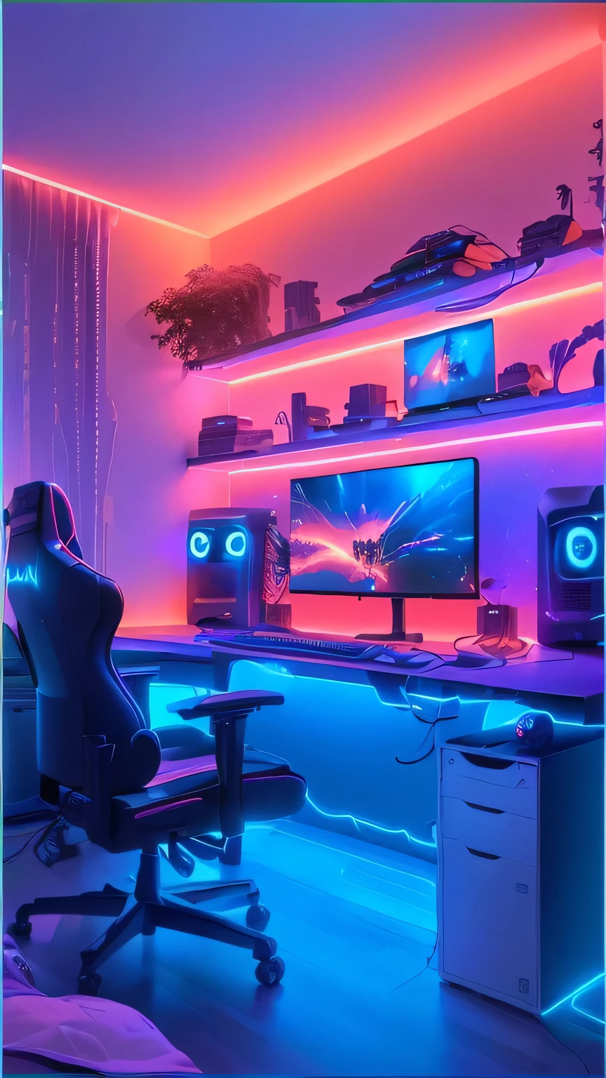 a close up of a computer desk with a chair and a monitor, gaming room, led gaming, gamer aesthetic, gamer themed, neon ambient lighting, in a cyberpunk themed room, gaming room in 2 0 4 0, rgb lighting, neon accent lights, neon lit, cyberpunk setting, with neon lighting, gaming computers, neon ambiance, very beautiful ambient lighting