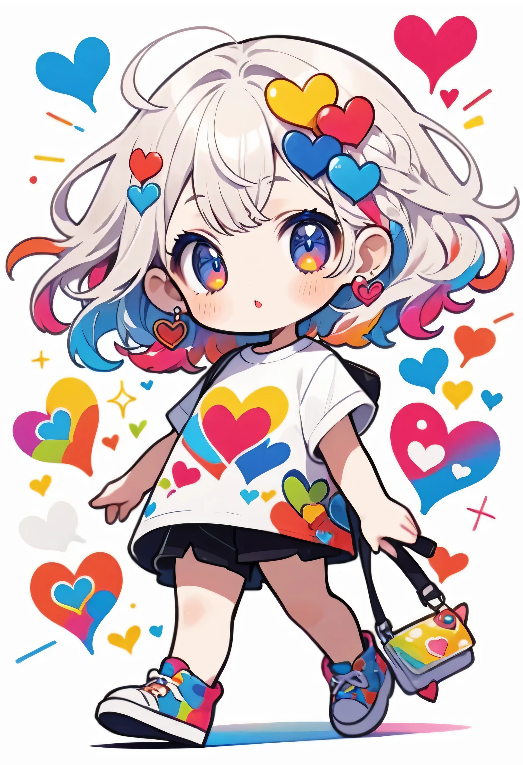 Ultra-realism Micho colorful style, Simple Line Initialism,Abstract art,(((The most beautiful girl of all time))), Chibi, Sweet face. Lips in love, colorful hearts, stylish design, 夏のオシャレなTシャツ, 黒い瞳, walking, Paris