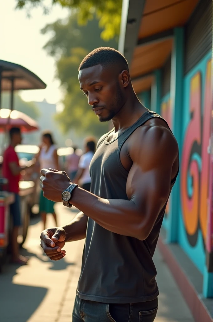 Muscular man of color waiting for public transport