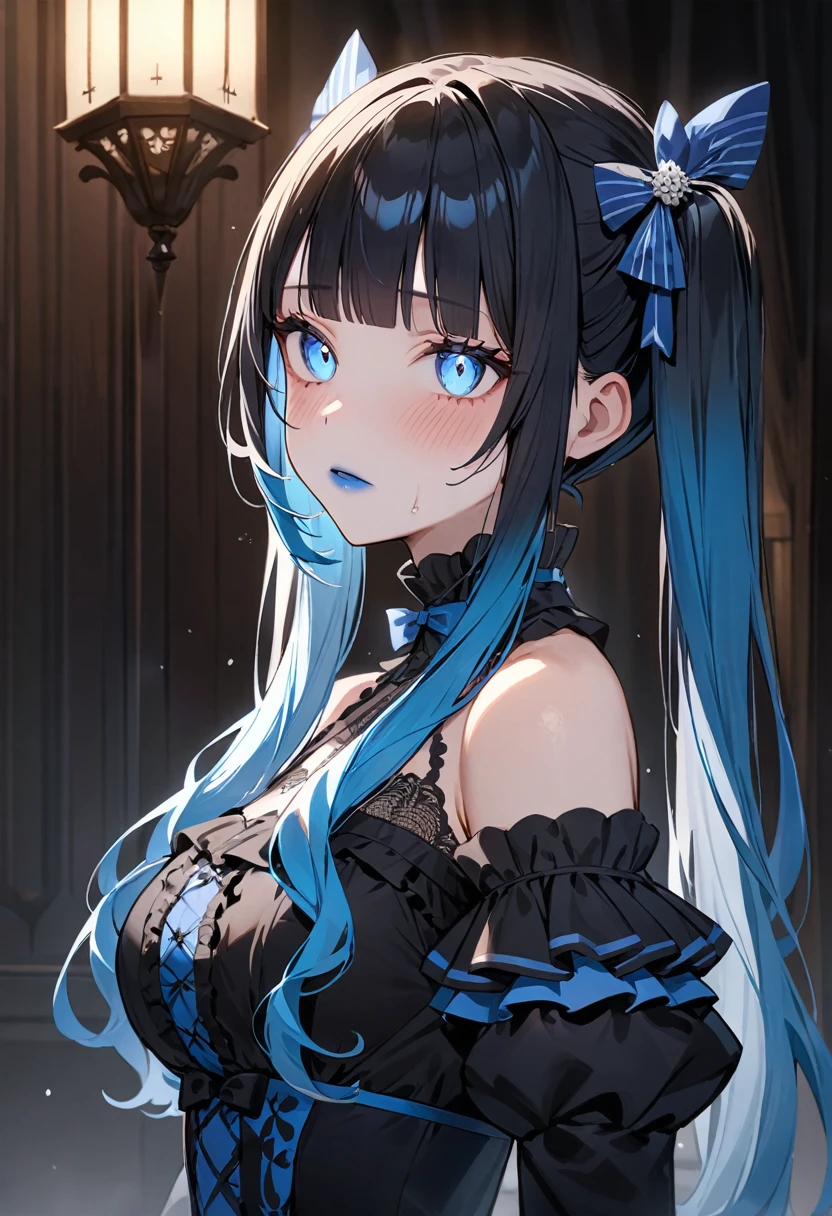 (masterpiece, top quality, very aesthetic, 4k、illustration), intricate detail, 1woman,solo,contrapposto 、from side、(gradient eyes、tareme)、Strong glowing eyes、blunt bangs,Fair skin,(upper body)、cold face、twintails、Cold Stare、(Blue lipstick),beautiful face、Blushing,(gradient hair)、multicolored hair,middle hair,sidelock ,blue　eyes、Shoulderless gothic lolita dress、medium breasts、slender 、