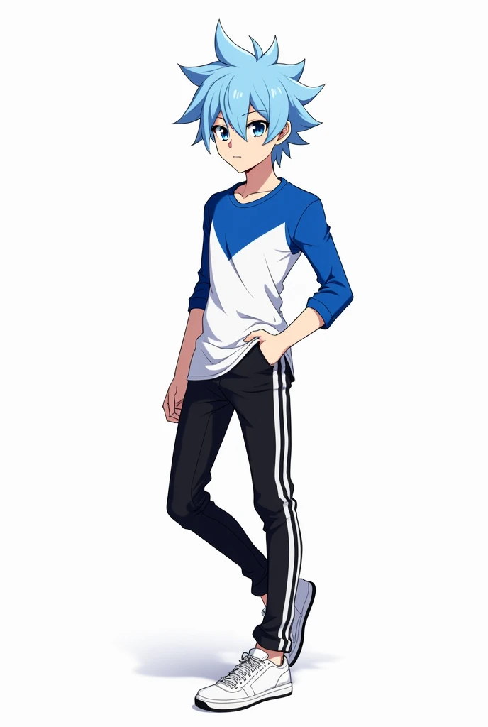In an anime character, a man with light blue, spiky hair, blue eyes, fair skin, a white shirt with a blue top and blue sleeves, black pants with white stripes on the knees, white shoes, and a white background, and a cool pose.