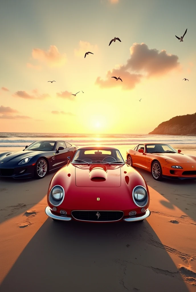 A picturesque vintage scene featuring three iconic cars, each in a different color and angle, positioned together at sunrise on a stunning beach. In the center is a classic red Ferrari, viewed head-on with its sleek curves catching the first rays of sunlight. To the left, a deep blue Nissan GTR is angled slightly towards the Ferrari, showcasing its powerful side profile. On the right, a vibrant orange Toyota Supra is angled towards the viewer, emphasizing its bold, sporty front. The background displays a breathtaking sunrise with the sun half-risen above the horizon, casting a warm golden light across the serene beach, where gentle waves meet the shore. The overall composition blends the beauty of classic automotive design with the tranquility of a perfect morning by the sea