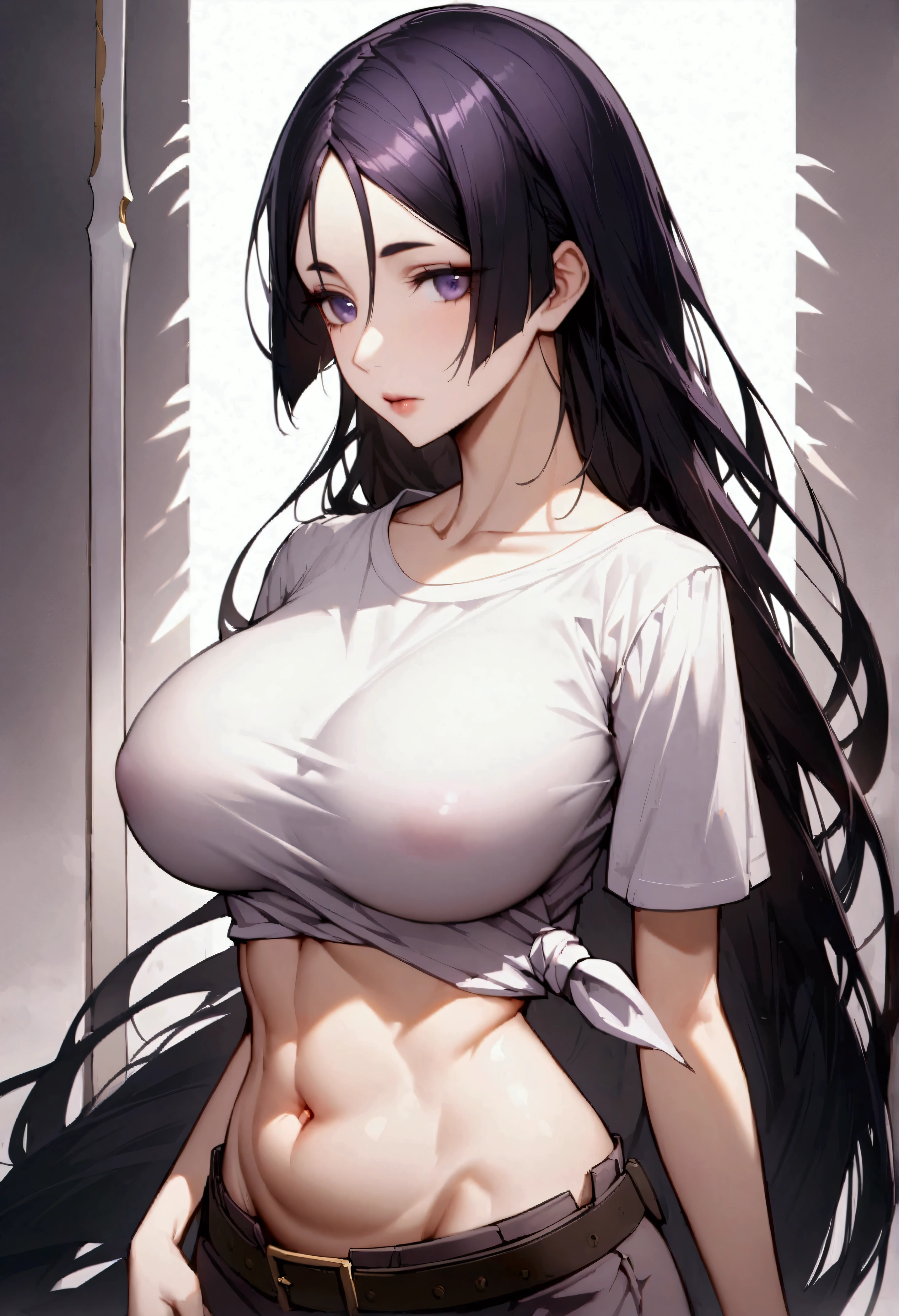 Raikou, One person, solo, Black Hair, Purple Eyes, Long Hair, Large Breasts, belly button, abdomen, 非常にLong Hair, Shirt tied at the side, White T-shirt, belt, , Portrait,Draw your sword、Iai、