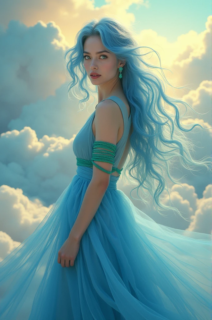 cloud goddess with a green and blue string wrapped around her arm and blue long hair, she is white, has make-up on her face, blue dress and have a green eyes and standing