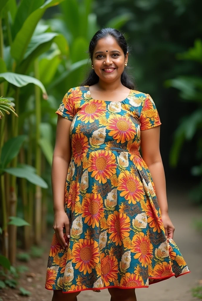 Sri lankan annty, on mini school frock. face stright, slight smile, one hand on hip other lifting frock, fair skin,