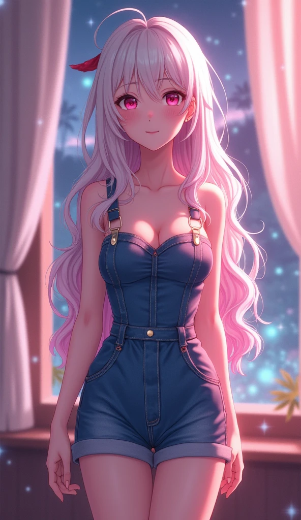 photorealistic,Realistic illustration in Modelshoot style,((masterpiece)),((The best quality)),((Ultra Quality)),((ultra detailed)),((1girl long white hair)),((Only)),((waifu:1.5)),Perfect anatomy,perfect hands,beautiful cuerpo,beautiful_method,ulzzang-6500-v1,e-chica,((Exceptionally Beauty Waifu Princess)), blonde wavy hair, gradient hair, pink highlights in hair, big breasts, standing, makeup, glossy lips, full lips, (natural lighting), in room, night, cute denim short jumpsuit, shy smile, belly, collarbone, in love, cute gesture,((bright-pink_eyes)),long wavy hair, ((white hair)),hair clips,eyeliner,cute makeup,lipstick,Glossy lipstick,with a look of terror, worry and sadness,((eyes detallados perfectos)),rainy with fog outside,evening,pink theme,bioluminiscencia,light particles,((Extremely CG Unity 8K Wallpaper)),((cinematic lighting,Best quality lights)),intricate details,Suave,sharp focus,Extremely beautiful and aesthetic,Octane rendering,Full length portrait,damp skin,((Perfect detailed body)),