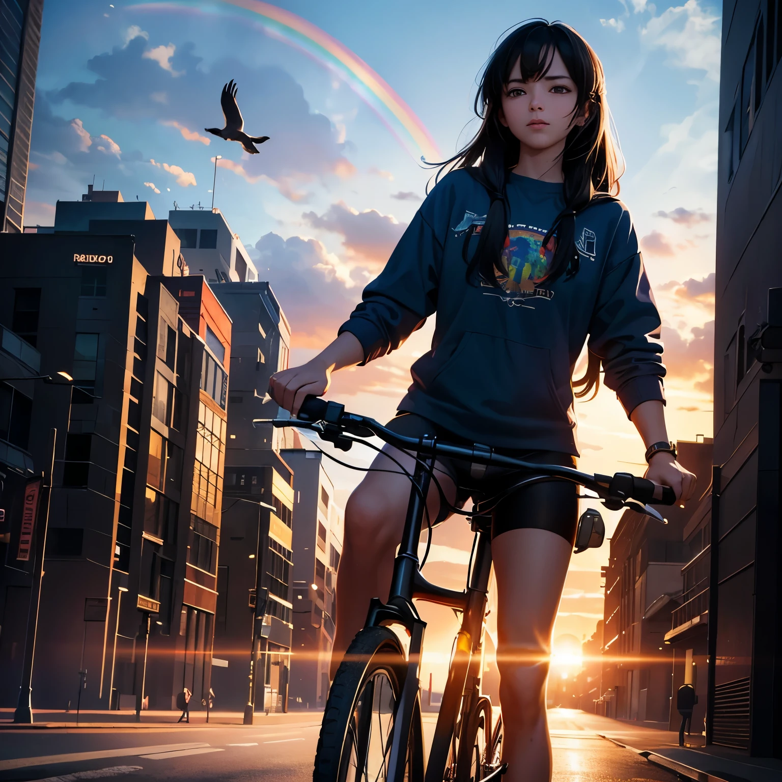 (best quality,8k,highres, masterpiece:1.2), ultra-detailed, HDR, UHD, studio lighting, ultra-fine painting, sharp focus, physically-based rendering, extreme detail description, professional, vivid colors, bokeh, portraits, concept artists, warm color palette, dramatic lighting,Idyllic landscape, with a large rainbow arch in the sky, humans riding bicycles on the rainbow, birds flying around,
