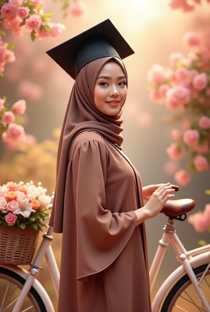 Consept art photography, fan art photography, a women, wearing hijab, slim and thin, wearing black graduation hat, Wearing pastel brown graduation gown, pastel brown theme background, bicycle background with flower basket, flower garden background, pastel brown flowery effect, pastel brown lighting effect, kawaii design background, bright results, perfect pose.